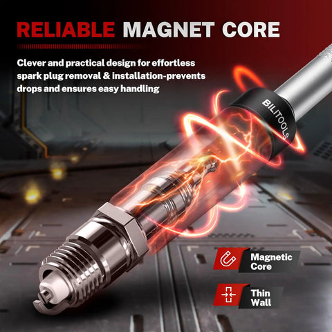 Magnetic Swivel Spark Plug Socket Set With Gap Tool, magnetic core, close-up of spark plug, thin wall, designed for easy handling