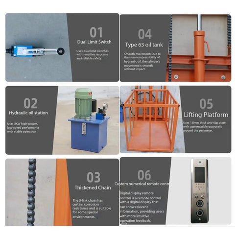 Workhorse Grade Mobile Lift Platform For Smooth Industrial Vertical Material Handling Single Operator Cargo Elevator System Built Like A Tank With Thickened Steel. Features dual limit switch and hydraulic oil station.
