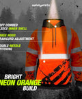 American Grit High Visibility Hoodie For Men, Class 3 Type R, ANSI ISEA 107-2020 Compliant, Heavy Duty Polyester With Soft Combed Fleece Interior, Orange, X Large shown in neon orange with reflective stripes and features highlighted.