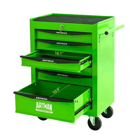 Heavy Duty 21 Inch Lockable Rolling Tool Cabinet With Ball Bearing Slides Sturdy Steel Worktop And Park Lock Casters For No Fuss Garage Organization Green with 5 drawers.