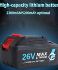 No Sweat Heavy Duty Cordless Rivet Gun With Dual Gears And Smart Memory And Normal Modes Lightning Fast Three Second Riveting Smooth Performance Boss Grade Battery And Charger With Seven Die Sizes 26V lithium ion battery with 2200mAh capacity.
