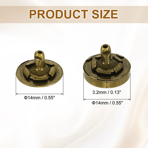 Kickass Heavy Duty Copper Magnetic Snap Buttons For Leather Crafting Jobs That Hold Their Ground Without Any Fuss Easy Drop Installation For Denim Coats And Weighty Canvas Totes Comes With Twelve Pieces showing 14mm and other dimensions.