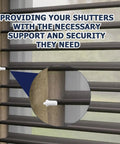 Top Shelf Shutter Repair Pins For Plantation Blinds No Sweat Handy Window Frame Restoration Kit showing white plastic clips installed in blinds.