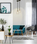 Modern living room with UL Listed Glass Pendant Light With E26 LED Bulb Adjustable Height Antique Brass Hanging Light over table