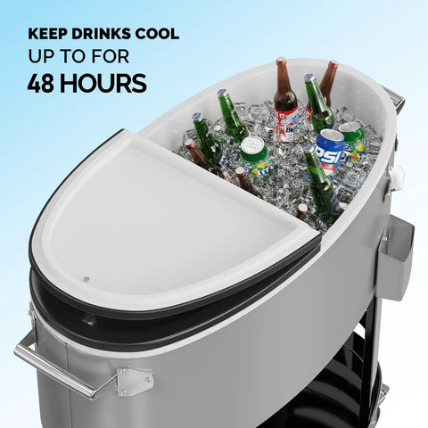 70-Quart Rolling Patio Cooler With Wheels Insulated Ice Chest For Outdoor Barbecues Pool Parties Camping And Beach Trips With Bottom Storage Tray And Bottle Opener Gray filled with ice and drinks