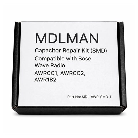 Six Piece Smd Capacitor Repair Kit To Kickstart Your Bose Wave Radio Awrc C1 Awrc C2 Awr1b2 packaging with compatibility details.