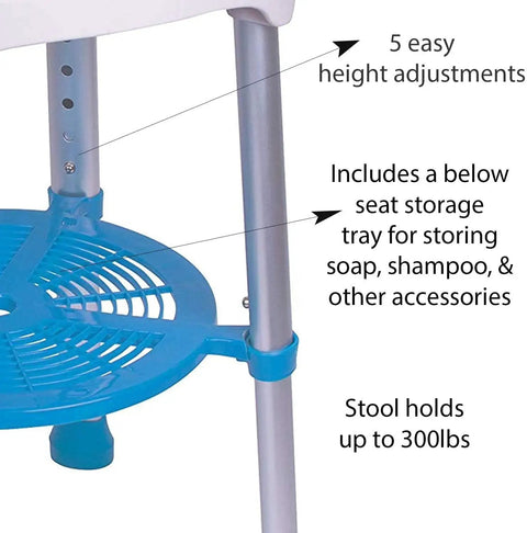 Compact Shower Stool With 360 Degree Rotating Padded Seat Non Slip Bath Bench adjustable leg with storage tray blue