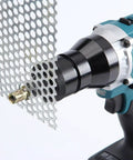 No Strings Attached Heavy Duty Cordless Rivet Gun With 5.2 Ah Battery And Slick LED Light smashes rivet nuts on metal sheet.