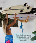 Premium Bamboo Surfboard Wall Rack Stashes Three Boards For Gnarly Garage Gear Stash With Built In Tray And Secure Heavy Duty Hooks For Wake And Ski Display with surfboards mounted.
