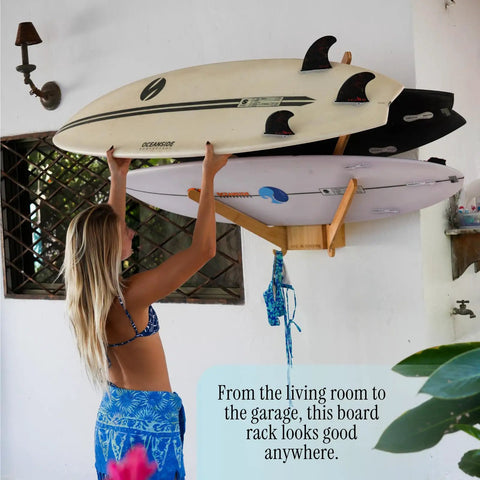 Premium Bamboo Surfboard Wall Rack Stashes Three Boards For Gnarly Garage Gear Stash With Built In Tray And Secure Heavy Duty Hooks For Wake And Ski Display with surfboards mounted.