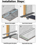 Installation steps for Tile Insert Linear Shower Drain 36 Inch With Brushed Nickel Finish 304 Stainless Steel 2 In 1 Shower Floor Drain And Tile Grate Rust Proof Easy Clean Fits Most Showers; measure lengths, insert channel, install grate, flush with tiles.