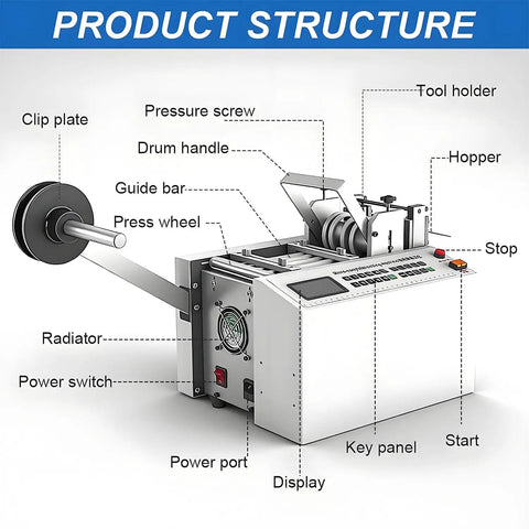 Fully Automatic Heat Shrink Tube Cutter With Digital Micro Computer Control Slices Up To Three Sleeves At Once Adjustable Electric Cable And Rubber Pipe Machine Heavy Duty workhorse features labeled components and structure.