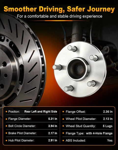 2Pcs Rear Wheel Hub And Bearing Assembly Drops Right In Swap For 2009 To 2018 Toyota Corolla Matrix Vibe Fwd W Abs 5 Lug Heavy Duty Street Ride Parts showing flange specs and brake components.