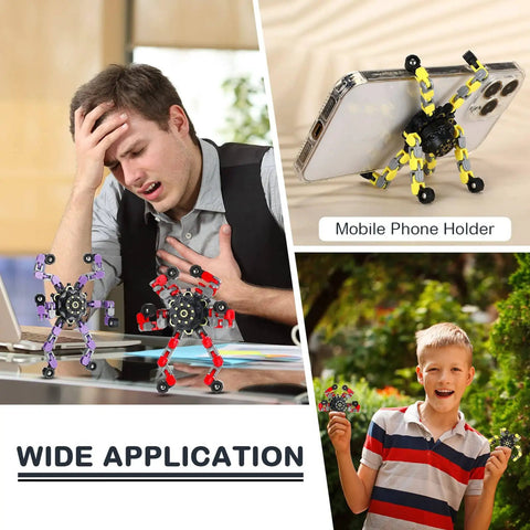 Transformable Fidget Spinner Set Of 20 Pieces With Dope Sensory Chain Robots shown with phone holder and kid playing