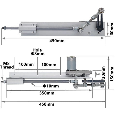Reciprocating linear actuator with mounting bracket and linkage, metal body, 450mm length, side view