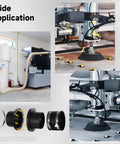 Ultimate 8 Piece Adhesive Dust Collector System Starter Kit For 4 Inch Shop Vac Hoses with installed components in a woodworking shop.