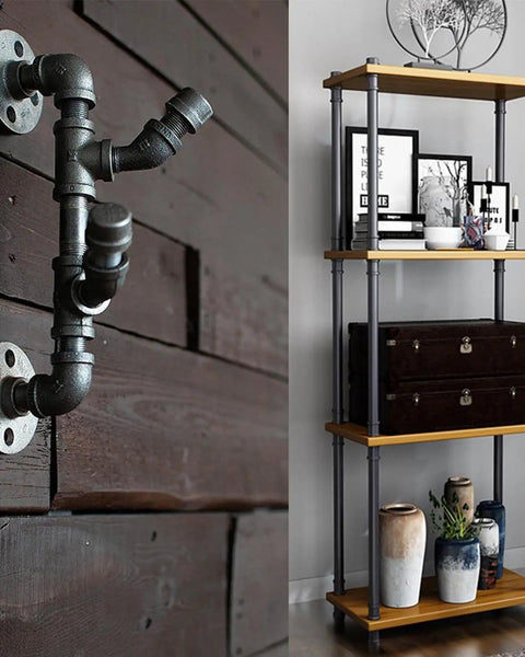Wall-mounted five way side exit cross cast iron pipe fitting, three quarters inch angle connector for vintage style shelves.