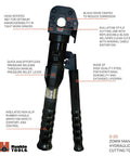 Heavy Duty Hydraulic Bolt Cutter Built Like A Truck To Slice Through Rusted Steel Cables, featuring 180° rotating head for tight spaces.