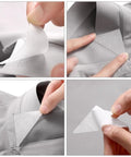 Premium White PVC Adhesive Collar Stays 240 Pack Shirt Collar Protectors For Men Dress Shirts shown being applied to a shirt collar.
