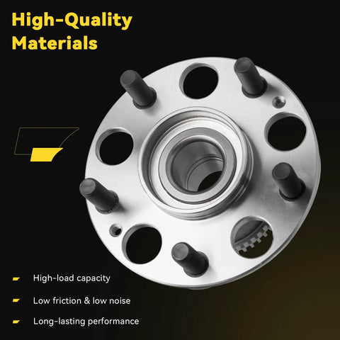 Ride Tighter Rear Wheel Bearing And Hub Assembly X2 Pair With Five Lug Studs For Straight Shot Installation On Your 2003 To 2007 Honda Accord And Acura Tl close-up view, aluminum hub with five studs and bearing.