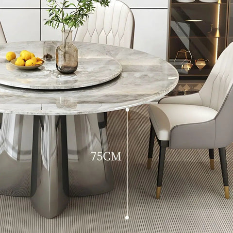 Top Shelf Faux Marble Round Dining Table With Effortless Spin Lazy Susan Turntable Solid Black Metal Pedestal Base For Modern Kitchen Gatherings Accommodates Four Guests Without Extra Chairs close-up showing 75cm height and accessories.