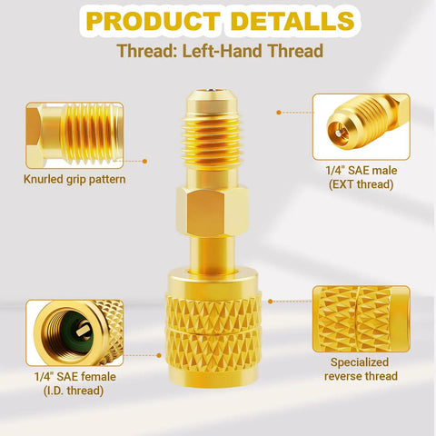 Hella Durable R32 R454B Refrigerant Brass Adapter featuring 1/4 inch internal reverse thread and knurled grip for AC work tools.