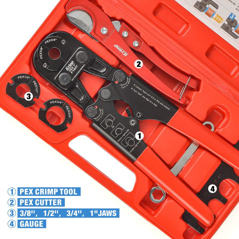 Pro Grade PEX Crimp Tool Kit With Three Eighths Inch Die Sets Copper Crimp Rings PEX Cutter Go No Go Gauge in red case