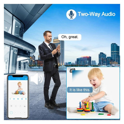 Man in suit using smartphone for Watch Your Back With Badass 4K 8MP WiFi PTZ Security Camera Kit with child playing.