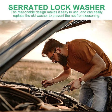 Person using tools on car engine with Stainless Steel Internal Tooth Star Lock Washers Kit, 300 Pc Heavy Duty Fasteners Assortment