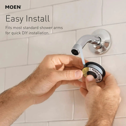 Installing a Moen shower arm for One Function Seven Inch Rain Showerhead With Immersion Technology Chrome Finish Delivers Maximum Coverage And Balanced Spray For A Spa Vibe Shower Experience.