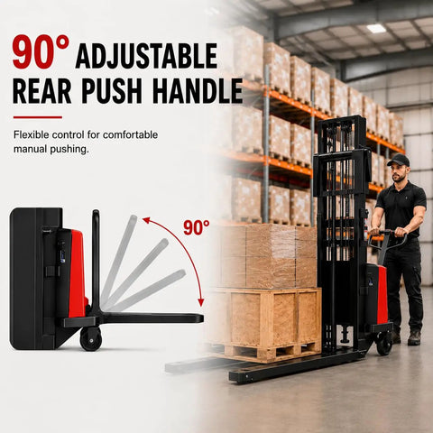 Pro Grade 3300 Lb Semi Electric Pallet Stacker Warehouse Material Lift with adjustable 90° rear push handle for easy maneuvering.
