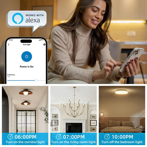 Wireless Dimmer Switch Kit With Remote Receiver For Alexa Voice Control, app setup, and light control scenarios.