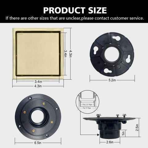 Top Shelf Four Inch Square Shower Drain With Flange Removable Grate Brushed Gold Stainless Steel Hair Catcher Rapid Water Flow Bathroom Glow Up Smooth Sailing product size diagram
