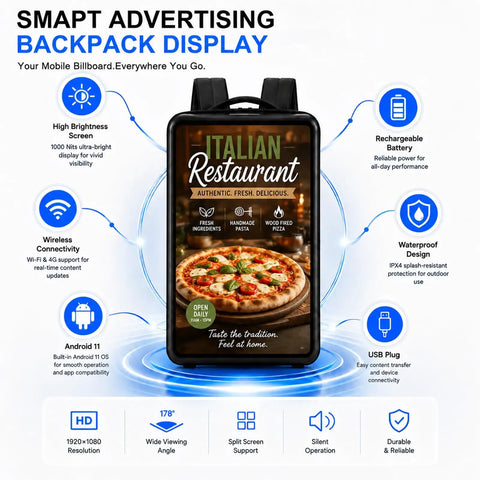 Rock Solid 21.5 Inch Touch Screen Led Advertising Backpack With Android Os And Hella Bright Ip65 Waterproof Display For Portable Mobile Selling And Crowd Engagement with menu advertisement for an Italian restaurant.