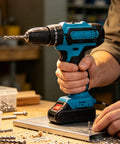 Rock Solid 21V Cordless Drill And Electric Screwdriver With Quick Lithium Battery used on metal with person holding it.