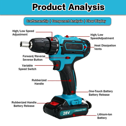 Top Notch Brushless Cordless Drill Set showing features like high/low speed adjustment, rubberized handle, cordless design.