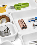 8 Piece Interlocking Bin Pack Drawer Organizer For Office, Kitchen, Tools And Bathroom Junk Drawer Essentials, Modular Storage System With Configurable Bins In White holding tools and utensils