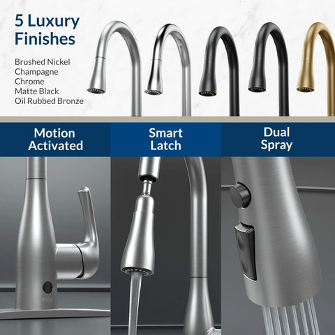 Touchless Kitchen Faucet With Pull-Down Sprayer In Matte Black, Hands-Free Motion Sensor, five finishes display with features.