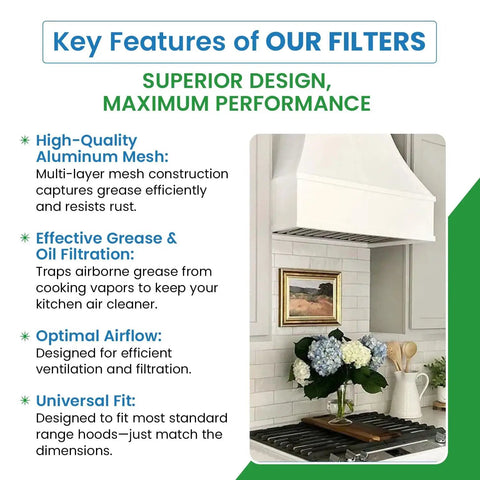 Infographic detailing key features of the Universal Replacement Range Hood Filter Fits Most Vent Hoods 11.5 X 11.75 X 0.375 Inches Aluminum Air Cleaner for grease and odor.