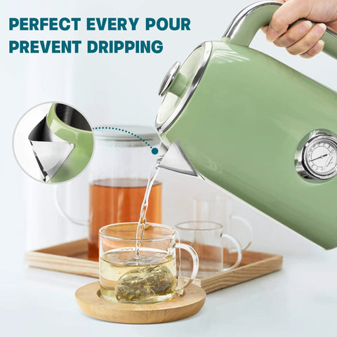 57oz Electric Kettle For Quick Tea Brew, 1500W Fast Heating, Stainless Steel, pouring tea into glass cup, Retro Green