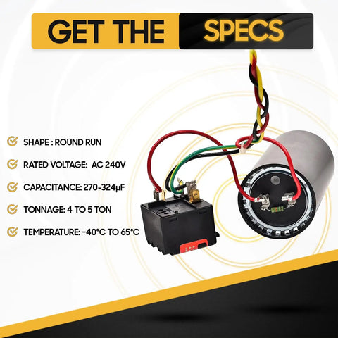 Heavy Duty Hard Start Capacitor Kit With Relay Delivers Slick Kickstart For 4 To 5 Ton AC Compressors showing capacitor and relay specifications