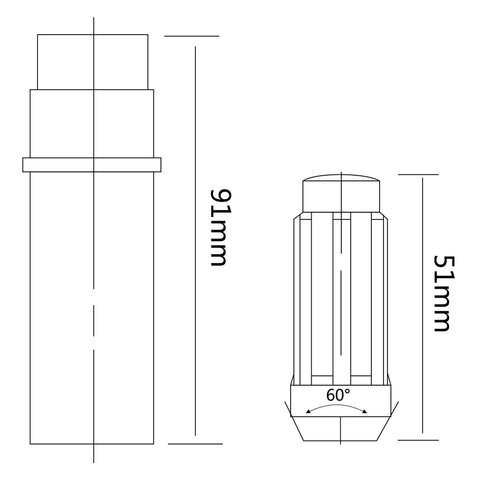 Tough As Nails Black Lug Nuts Set Of 24 For Custom Rims M14X1.5 with detailed dimensions 91mm height and 51mm width.