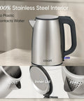 Electric Kettle With Plastic Free Interior And 304 Stainless Steel Build, 1.7L, close-up of spout, lid, and filter.
