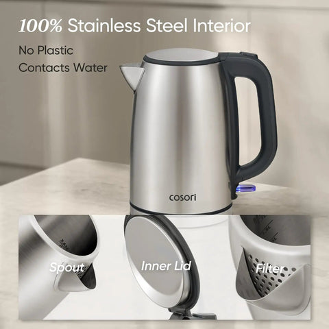 Electric Kettle With Plastic Free Interior And 304 Stainless Steel Build, 1.7L, close-up of spout, lid, and filter.