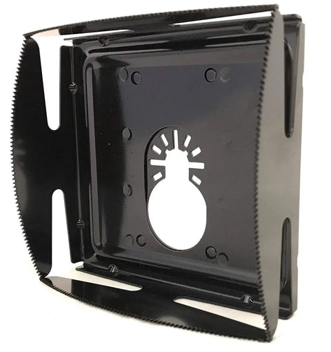 Cut-In Saw Blade Kit For 1 And 2 Gang Retrofit Wall Boxes On Oscillating Multi-Tool Includes SQ1000-S And SQ1000-D Blades Exact Cut Every Time Safe For Wires Easy Install For Techs Compatible With 18V 20V Or Corded Tools metal blade close-up