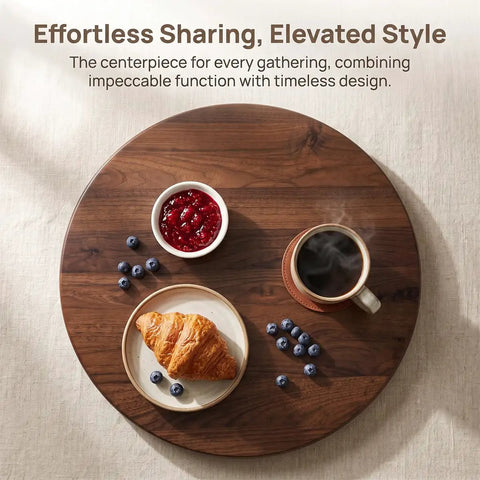 Top Tier 24 Inch Round Lazy Susan With Dead Smooth 360 Spin, Walnut Veneer Table Top Serving Tray with breakfast items.