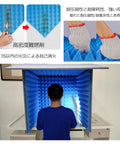 Foldable Microphone Isolation Shield For Desk Compact Acoustic Foam Sound Booth Cube shown in use, blocking echo for voice recording.