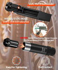 Close-up of 3 Piece 7 Spline Lug Nut Socket Set Built Different with detailed lug nut and measurement tool on wheel.