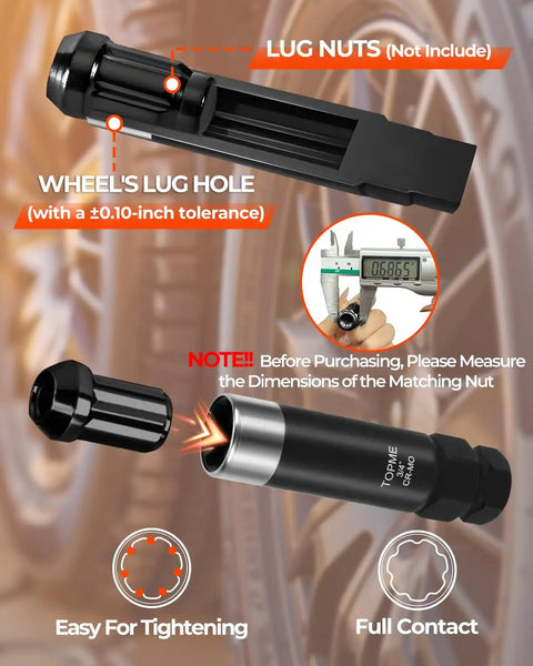 Close-up of 3 Piece 7 Spline Lug Nut Socket Set Built Different with detailed lug nut and measurement tool on wheel.