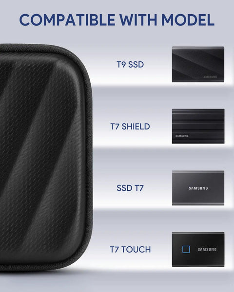 Hard Case For T9 T7 Shield T7 Portable SSDs Custom Fit Protective Carry Case In Black shown with compatible SSD models